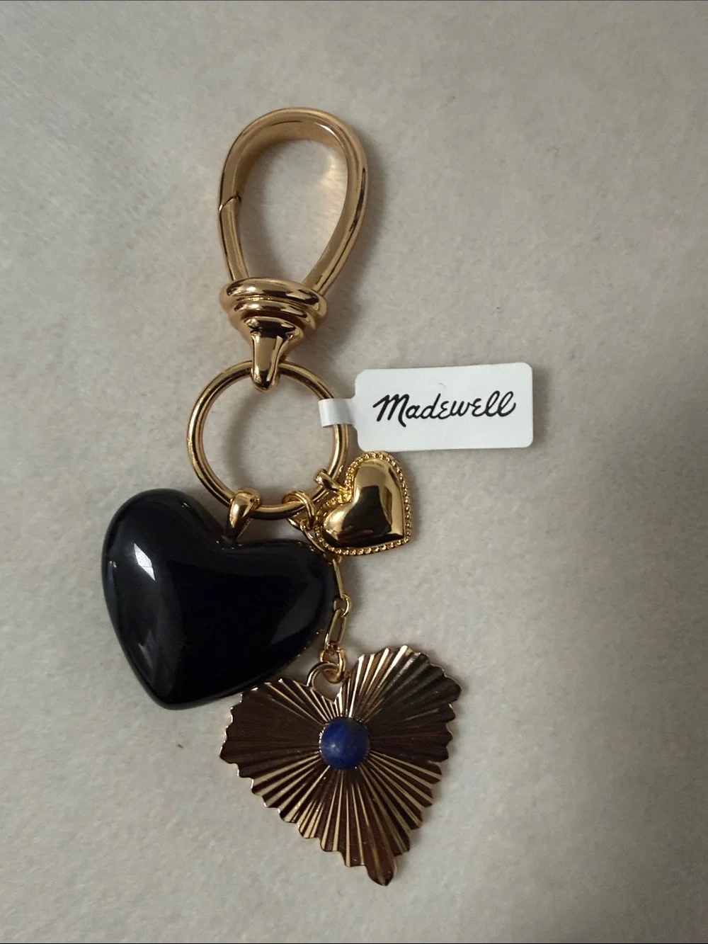 New Madewell Black and Gold Heart Charm Keyring with Blue Accent